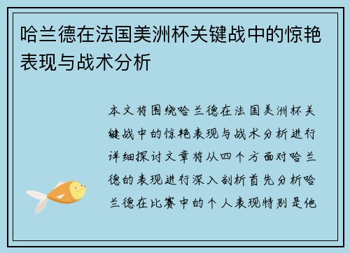 哈兰德在法国美洲杯关键战中的惊艳表现与战术分析